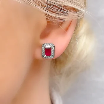 Genuine Ruby and White Topaz Square Cut Rectangle Silver Stud Earrings