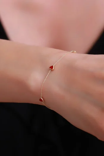 14K Solid Gold Sequential Heart Bracelet – Dainty Red Heart Bracelet