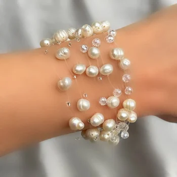 Natural Freshwater Baroque Pearl & Crystal Floating Pearl Bracelet