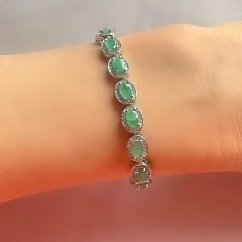 Genuine Natural Emerald Halo Oval Silver Tennis Bracelet