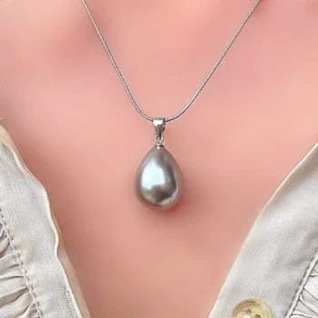 Natural Grey Mother of Pearl Teardrop Silver Pendant Necklace