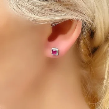 Genuine Ruby and White Topaz Square Silver Stud Earrings