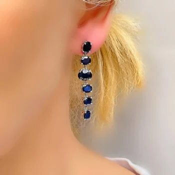 Genuine Sapphire Transverse Oval Six Gemstone Dangle Drop Silver Earrings