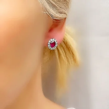 Genuine Ruby Gemstone and White Topaz Oval Halo Silver Stud Earrings