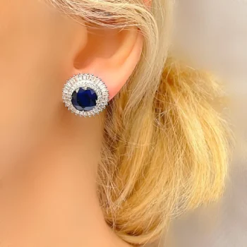 Genuine Blue Sapphire Large Halo Round Silver Stud Earrings