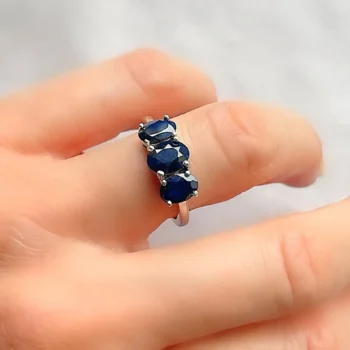 Genuine Sapphire 3 Stone Oval Contemporary Silver Ring