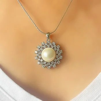 Natural AA+ Pearl and White Topaz Large Halo Silver Pendant