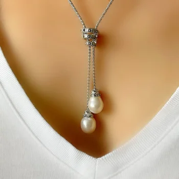 Natural White Pearl and Marcasite Silver Pendulum Shaped Necklace