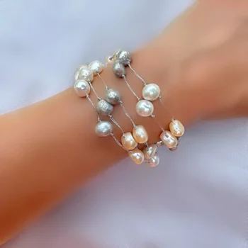 Baroque Pearl Multi Strand Bracelet with Sterling Silver Clasp
