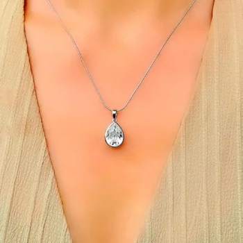 Clear Swarovski Crystal Teardrop Silver Pendant Necklace