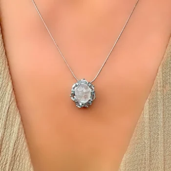 Genuine Rainbow Moonstone and Sky Blue Topaz Halo Pendant Necklace
