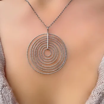 Sterling Silver 925 Platinum Finish Diamond Cut Round Circles Pendant Necklace