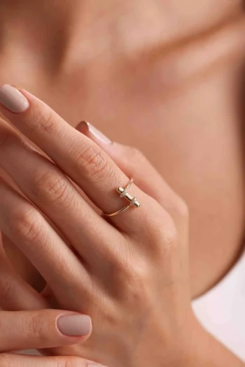 14K Solid Gold Dainty Bar Zircon Ring