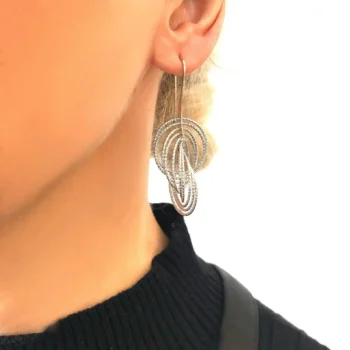 Sterling Silver 925 Platinum Finish Diamond Cut Large Concentric Circles Drop Earrings