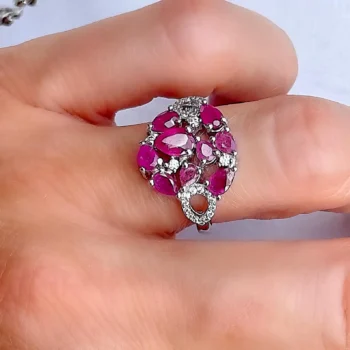 Genuine Ruby Cluster Fan Teardrop Cut Silver Statement Ring