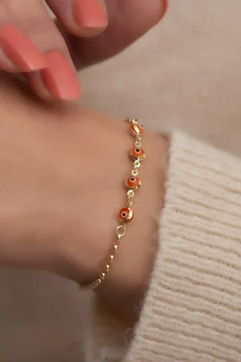 14K Solid Gold Orange Evil Eye Children's Bracelet