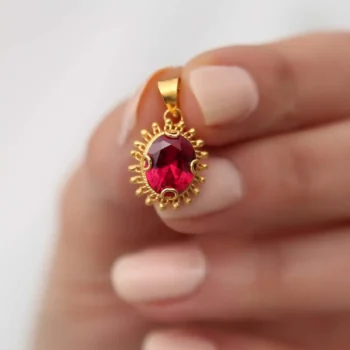 14K Solid Gold Red Stone Sun Pattern Handmade Pendant