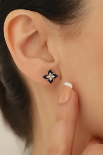 14K Solid Gold Navy Blue Lotus Flower Earrings