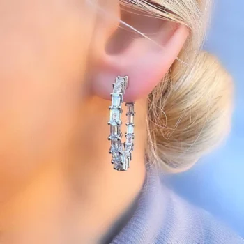 Genuine White Topaz Baguette Style 30 mm Hoop Silver Earrings