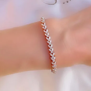 Genuine Rose Gold Vermeil White Topaz Floral Motif Tennis Silver Bracelet