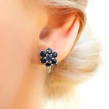 Genuine Blue Sapphire Cluster Flower Silver Stud Earrings