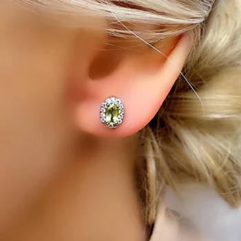 Genuine Peridot and White Topaz Halo Oval Silver Stud Earrings – August Birthstone