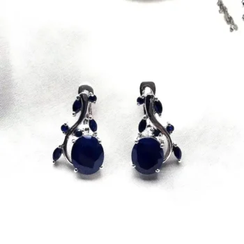 Genuine Blue Sapphire Large Leaf Motif Silver Earrings