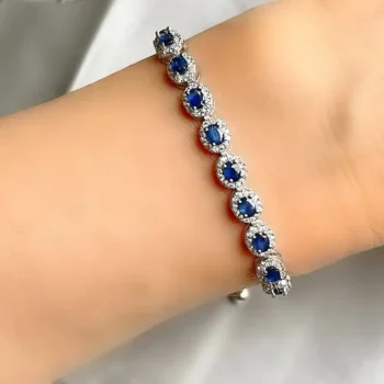 Genuine Blue Sapphire Halo Oval Cut Adjustable Slider Silver Bracelet