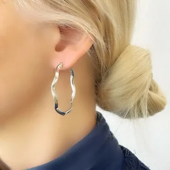 Sterling Silver 925 Wavy Large Hoop Earrings