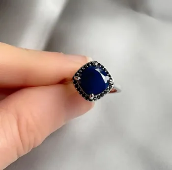 Genuine Blue Sapphire Diamond Shape Square Silver Ring