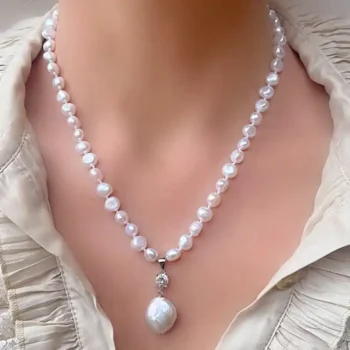 Natural Baroque Pearl Silver Necklace with Baroque Coin Pendant