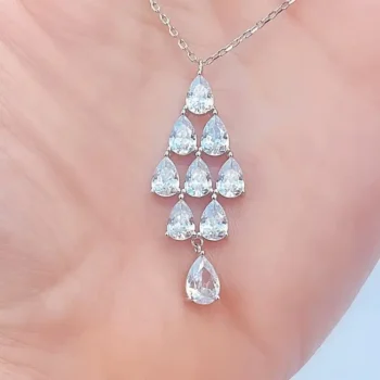 Genuine White Topaz Pear Cut Chandelier Style Silver Pendant Necklace