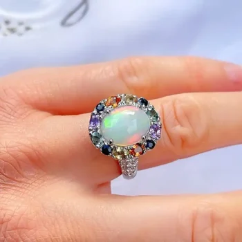 Genuine Ethiopian Fire Opal and Multi Sapphire Halo Silver Cocktail Ring
