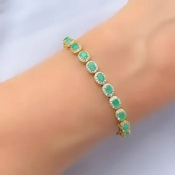 Genuine Emerald AA Halo Oval Gold Vermeil Silver Tennis Bracelet
