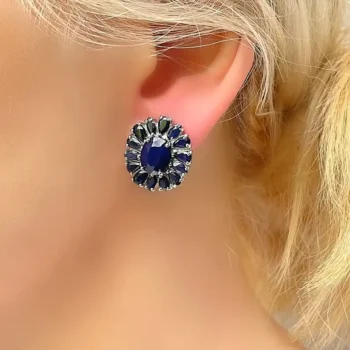 Genuine Large Blue Sapphire Cluster Floral Silver Stud Earrings