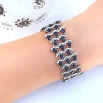Genuine Blue Sapphire Teardrop and White Topaz Cuff Silver Bracelet