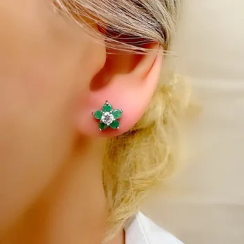 Genuine Emerald Flower Silver Stud Earrings