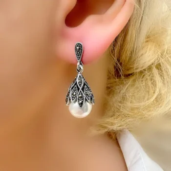Silver Art Deco Natural Pearl Drop Earrings