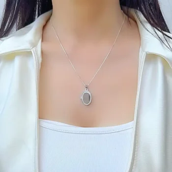 Sterling Silver Oval White Topaz Bordered Keepsake Locket Pendant Necklace