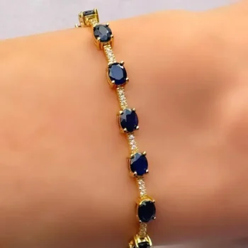 Genuine Sapphire Gold Vermeil Oval Link Silver Tennis Bracelet