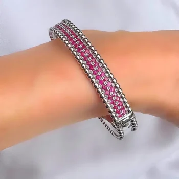 Genuine Ruby Studded Silver Cuff Bangle Bracelet