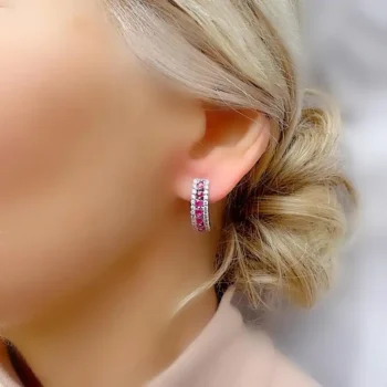 Genuine AA Ruby and White Topaz Half Hoop Silver Earrings