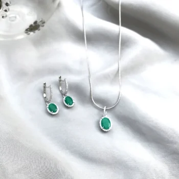 Genuine Natural Emerald Halo Oval Silver Pendant & Drop Earrings Set