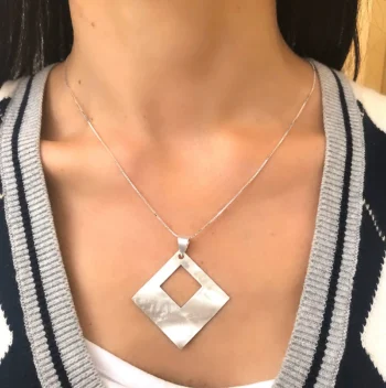 Sterling Silver 925 Mat Satin Cut Out Diamond Shape Geometric Pendant Necklace