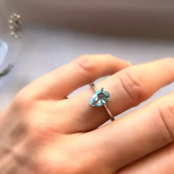 Genuine Sky Blue Topaz Pear Cut Teardrop Solitaire Silver Ring
