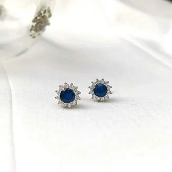 Genuine Blue Sapphire 3D Floral Silver Stud Earrings