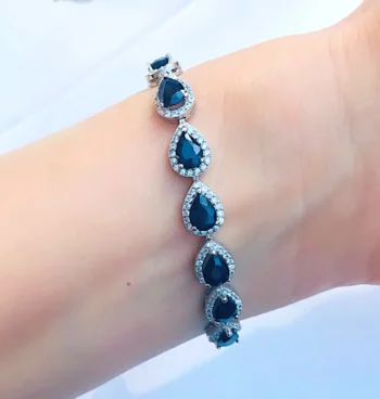 Genuine Sapphire Teardrop Pear Shape Silver Bracelet