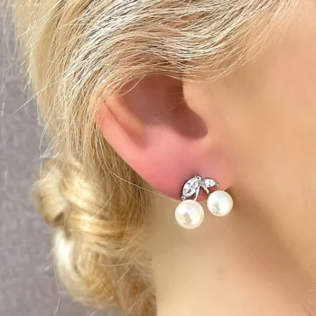 Natural Freshwater Pearl and White Topaz Cherry Silver Stud Earrings
