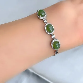 Sterling Silver 925 Green Jade & White Topaz Cabochon 3 Stone Bracelet