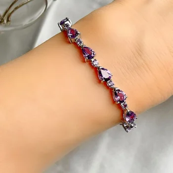 Genuine Amethyst Teardrop Adjustable Silver Slider Bracele